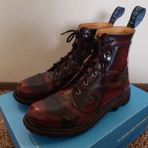 John Fluevog Burgundy Rub Off Derby Swirl EUC